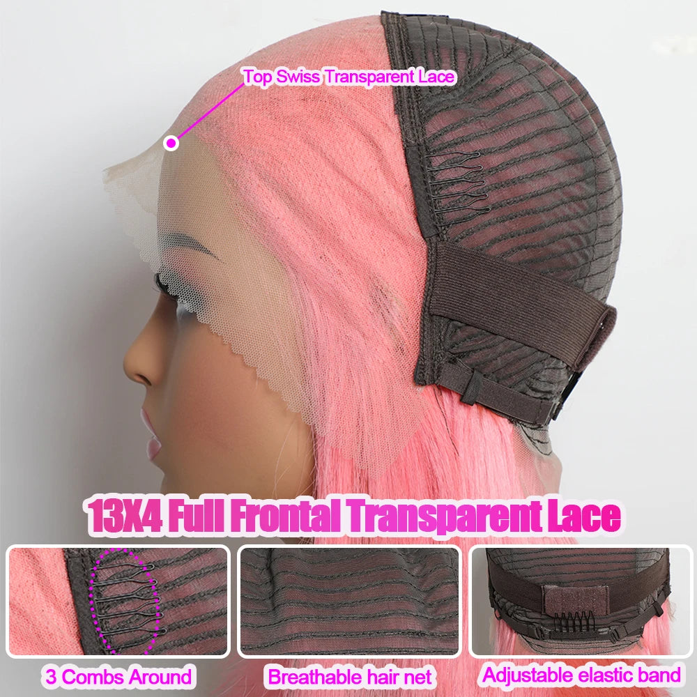 Pink Blunt Cut Short Straight Glueless Bob Wig 180% Density