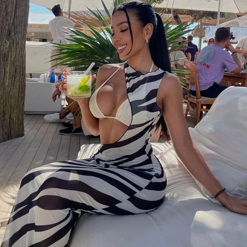 Zebra Mesh Maxi Cover-Up – Sexy Cut-Out Bodycon Beach Dress