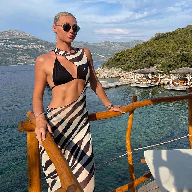 Zebra Mesh Maxi Cover-Up – Sexy Cut-Out Bodycon Beach Dress