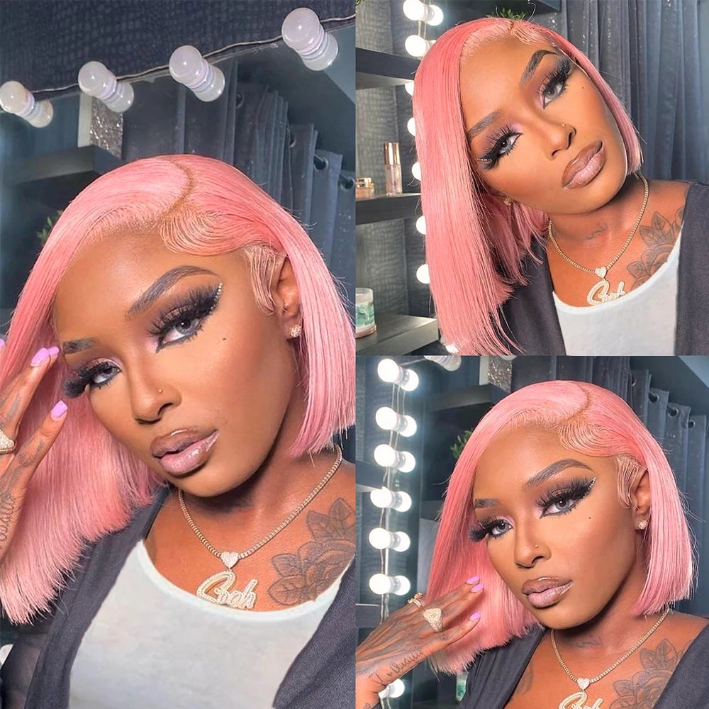 Pink Blunt Cut Short Straight Glueless Bob Wig 180% Density