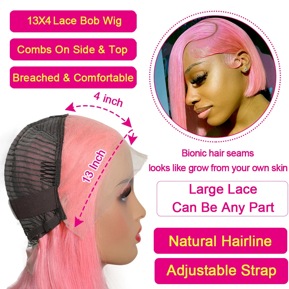 Pink Blunt Cut Short Straight Glueless Bob Wig 180% Density