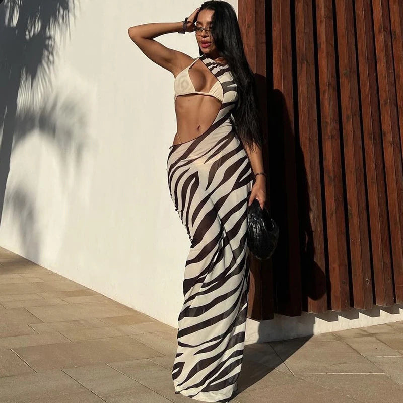 Zebra Mesh Maxi Cover-Up – Sexy Cut-Out Bodycon Beach Dress