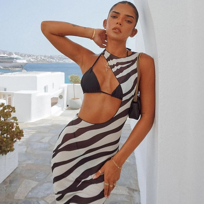 Zebra Mesh Maxi Cover-Up – Sexy Cut-Out Bodycon Beach Dress