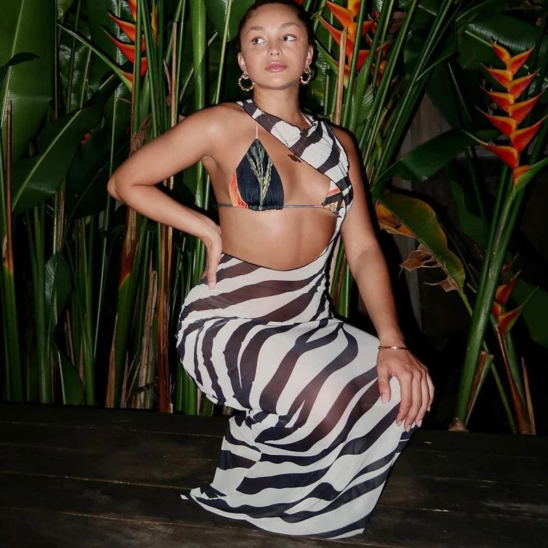 Zebra Mesh Maxi Cover-Up – Sexy Cut-Out Bodycon Beach Dress