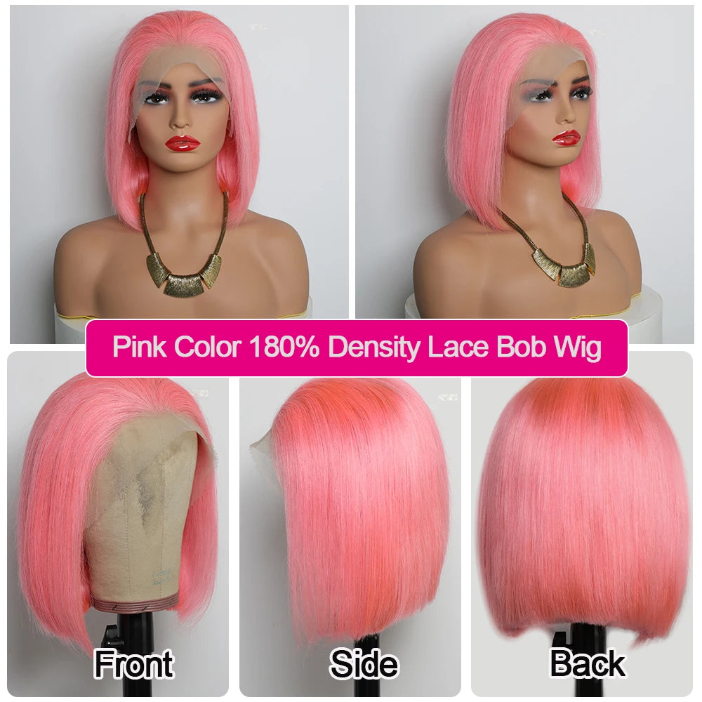 Pink Blunt Cut Short Straight Glueless Bob Wig 180% Density