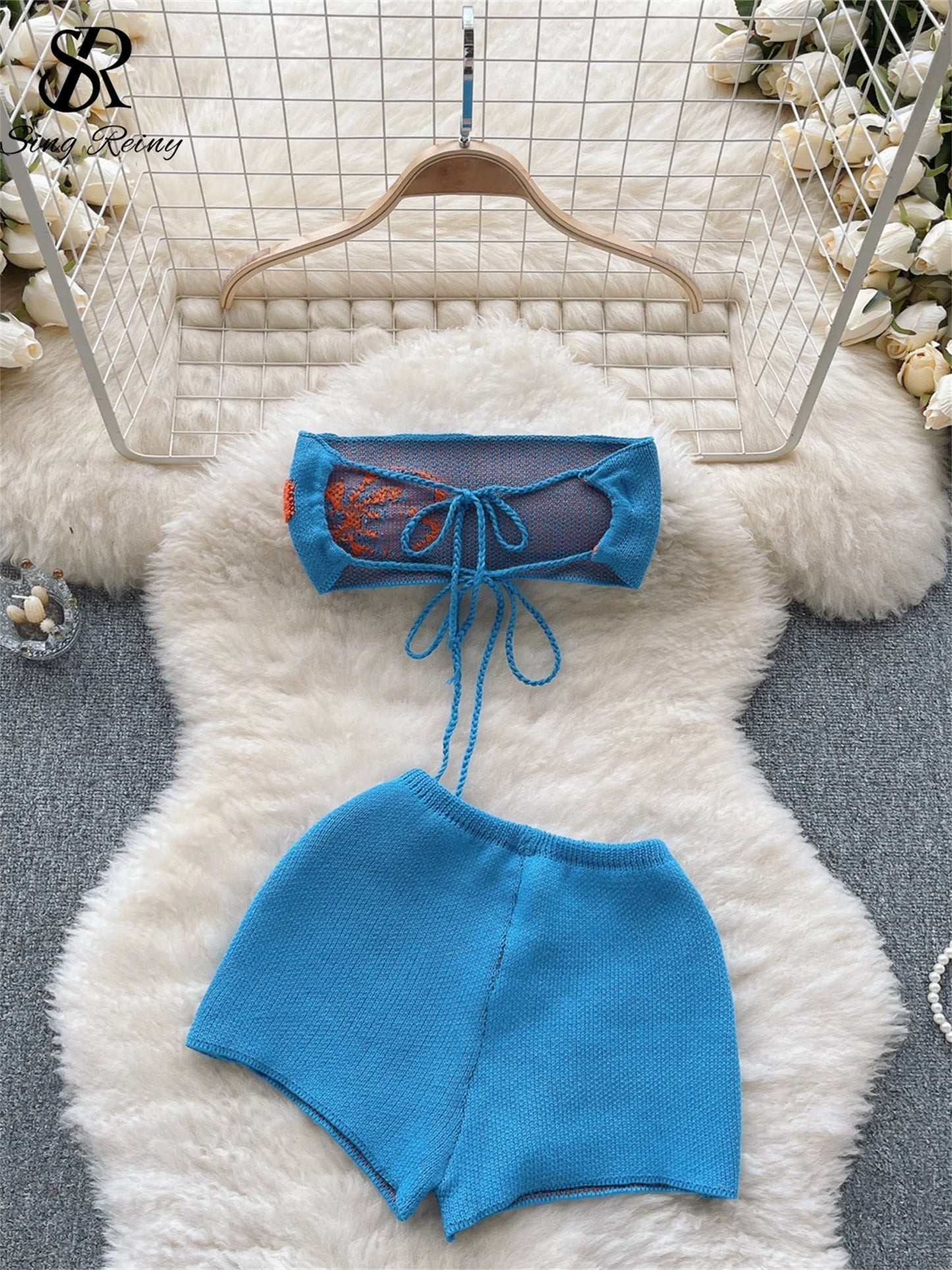 Bohemian Beach Knit Set – Backless Lace-Up Strapless Top & Floral Splice Shorts