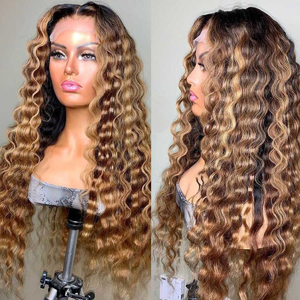 "GINNY" Ombre Honey Blonde Highlight Colored Deep Wave Frontal Wig