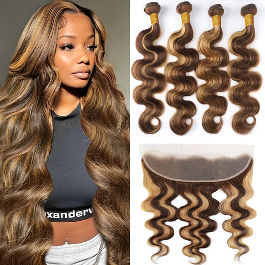 Honey Blonde 4/27 Body Wave Bundles With  13x4 Lace Frontal