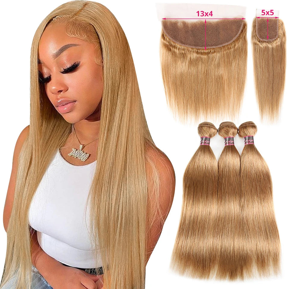 "Miss Bey" #27 Honey Blonde Bone Straight  Bundles with 13x4 Frontal