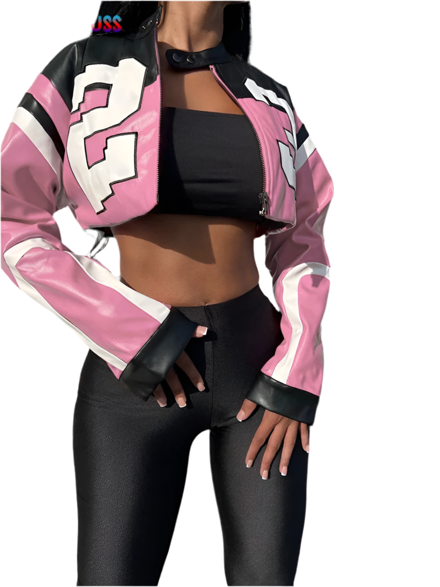 "All the GAS" Faux Leather Varsity Jacket  Sporty Wild Streetwear  Trend Crop Coat