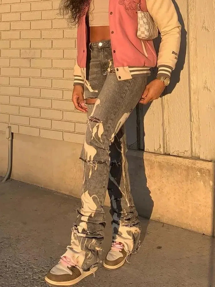 "Say it " Casual Ripped Jeans Gray High Waist Denim Skinny  Streetwear Y2K Stacked Pants