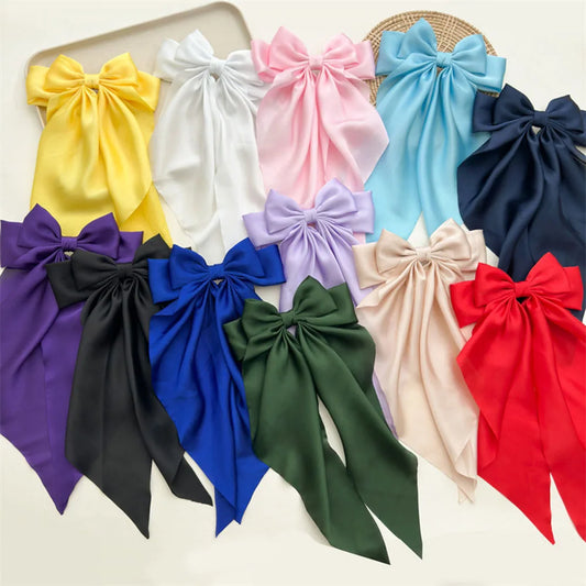 Ladies Satin Large White pink Red Blue Black Ribbon bow Oversized bow Long tail hair clip spring clip ponytail Hair accessories