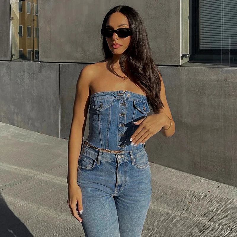 Solid Denim Sleeveless Crop Top