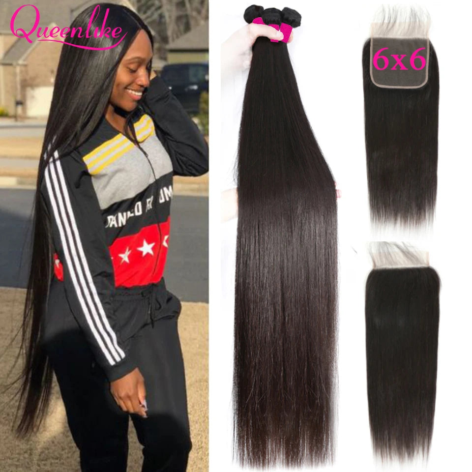 6X6 5x5 4X4 Lace Closure With 30 40 Inch  Bundles With 13x4 Frontal Straight Brazilian