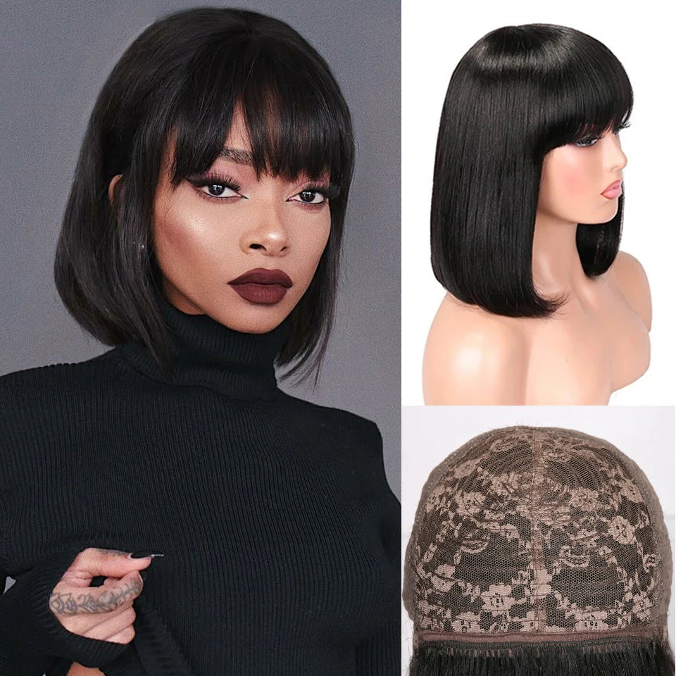 Glueless Straight Short Bob Wig With Bangs 100%