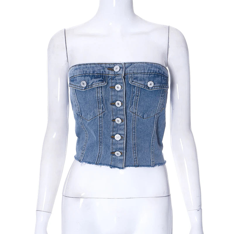 Solid Denim Sleeveless Crop Top