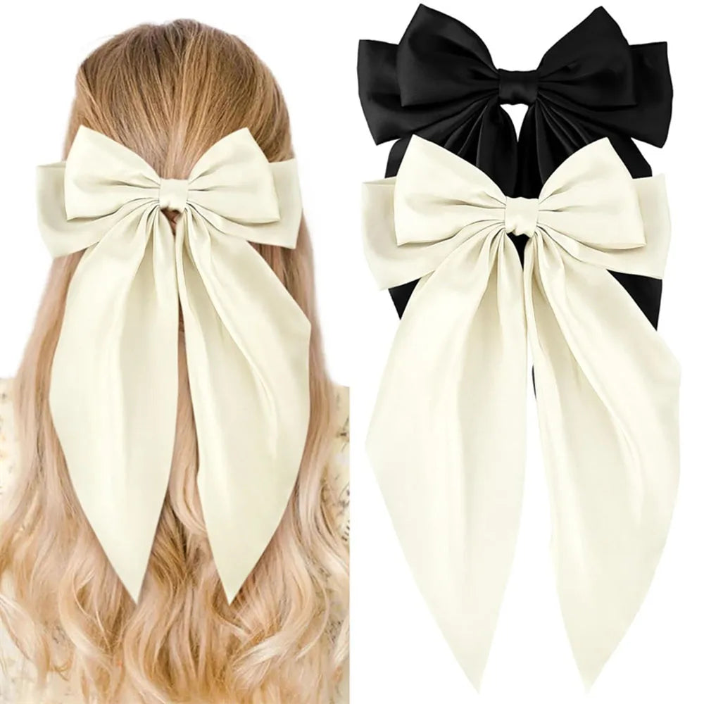 Ladies Satin Large White pink Red Blue Black Ribbon bow Oversized bow Long tail hair clip spring clip ponytail Hair accessories