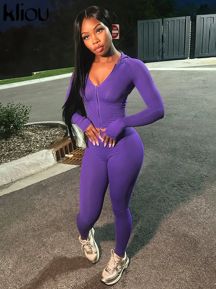 "Kiss Up " 2 Piece Set Classic Sporty Tracksuit Solid Colored Long Sleeve