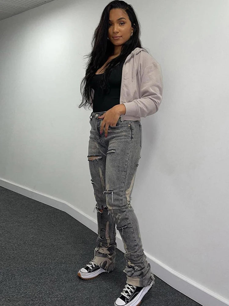 "Say it " Casual Ripped Jeans Gray High Waist Denim Skinny  Streetwear Y2K Stacked Pants