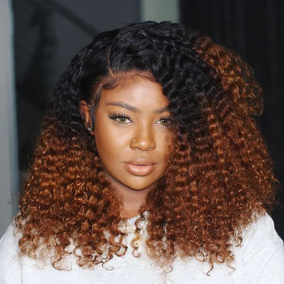 "Moonie"1B 30 Short Bob Kinky Curly Ombre Brown Colored Wig