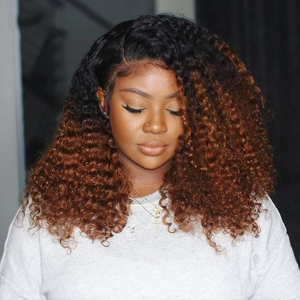 "Moonie"1B 30 Short Bob Kinky Curly Ombre Brown Colored Wig