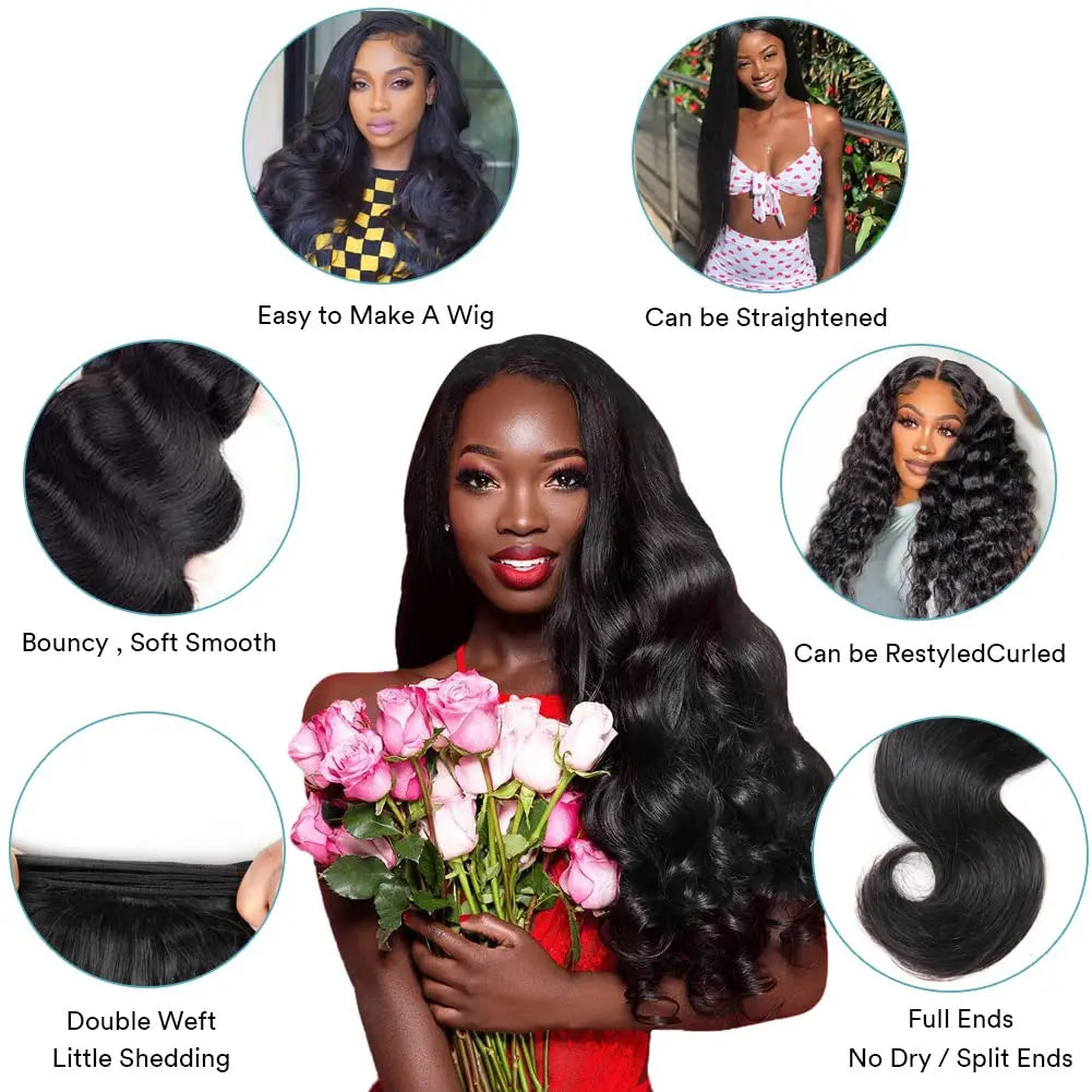 Brazilian Body Wave 3 Bundles  With Frontal 13x4 Transparent Lace Frontal