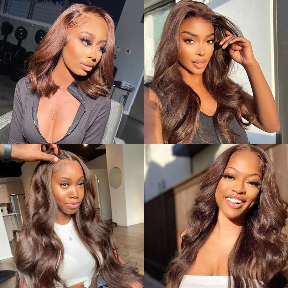 Chocolate #4 Brown Colored Body Wave Brazilian Bundles With HD Lace Closure Frontal