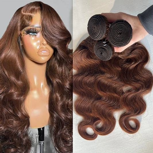 Chocolate #4 Brown Colored Body Wave Brazilian Bundles With HD Lace Closure Frontal