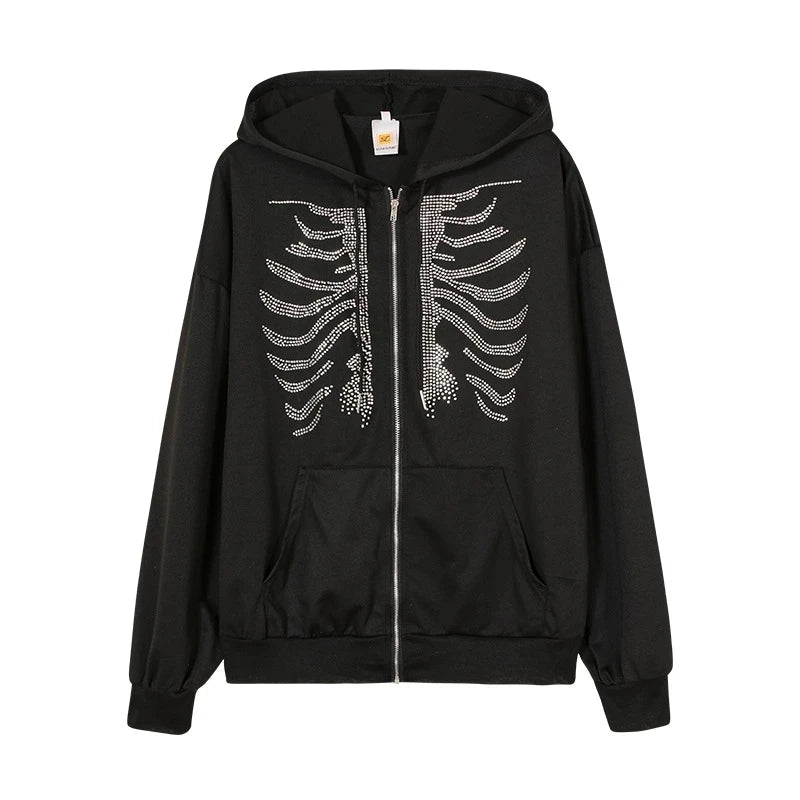 "BlackOut" Y2K Rhinestone Skeleton Hoodies Women Gothic Black Zip Up Oversized Sweatshirts Female Retro Harajuku Hooded Jacket Streetwear