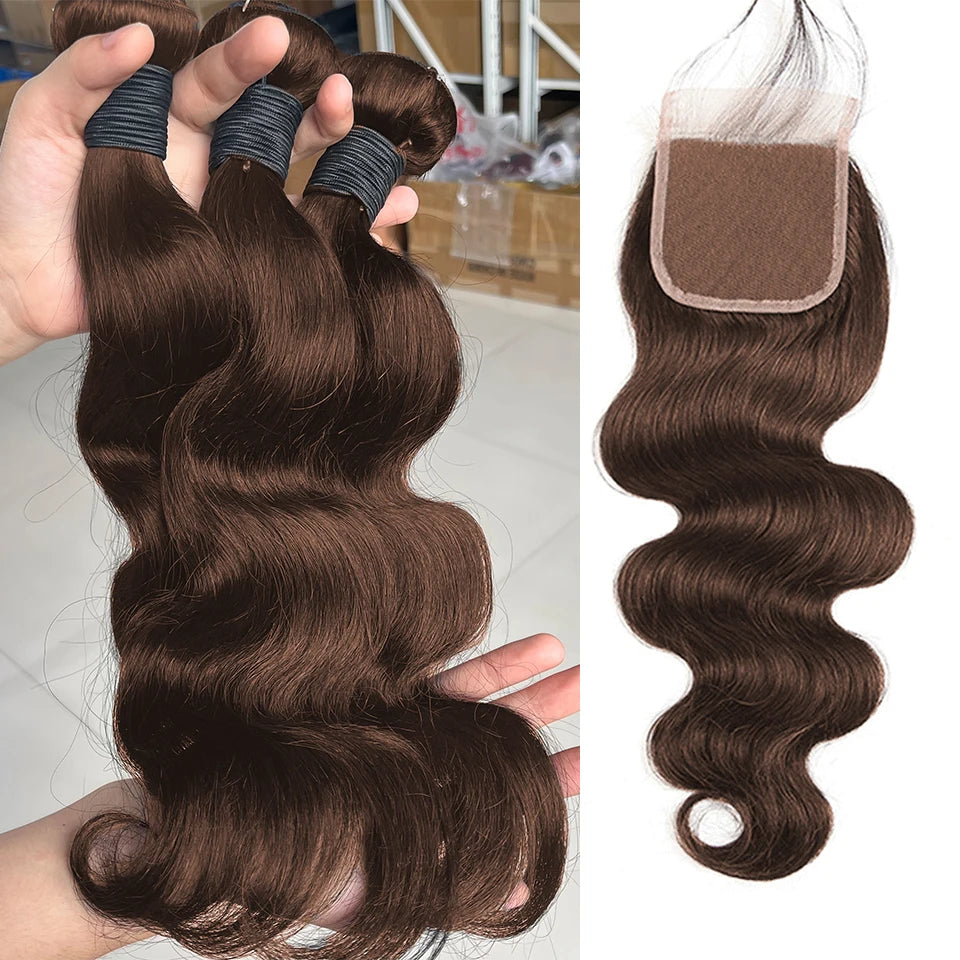 Chocolate #4 Brown Colored Body Wave Brazilian Bundles With HD Lace Closure Frontal