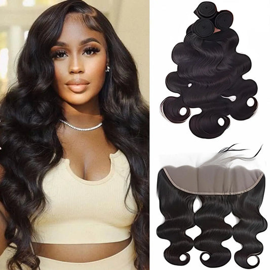 Brazilian Body Wave 3 Bundles  With Frontal 13x4 Transparent Lace Frontal