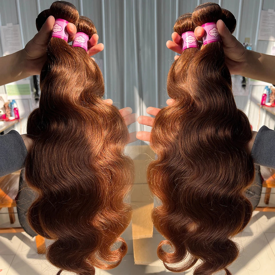 Chocolate #4 Brown Colored Body Wave Brazilian Bundles With HD Lace Closure Frontal