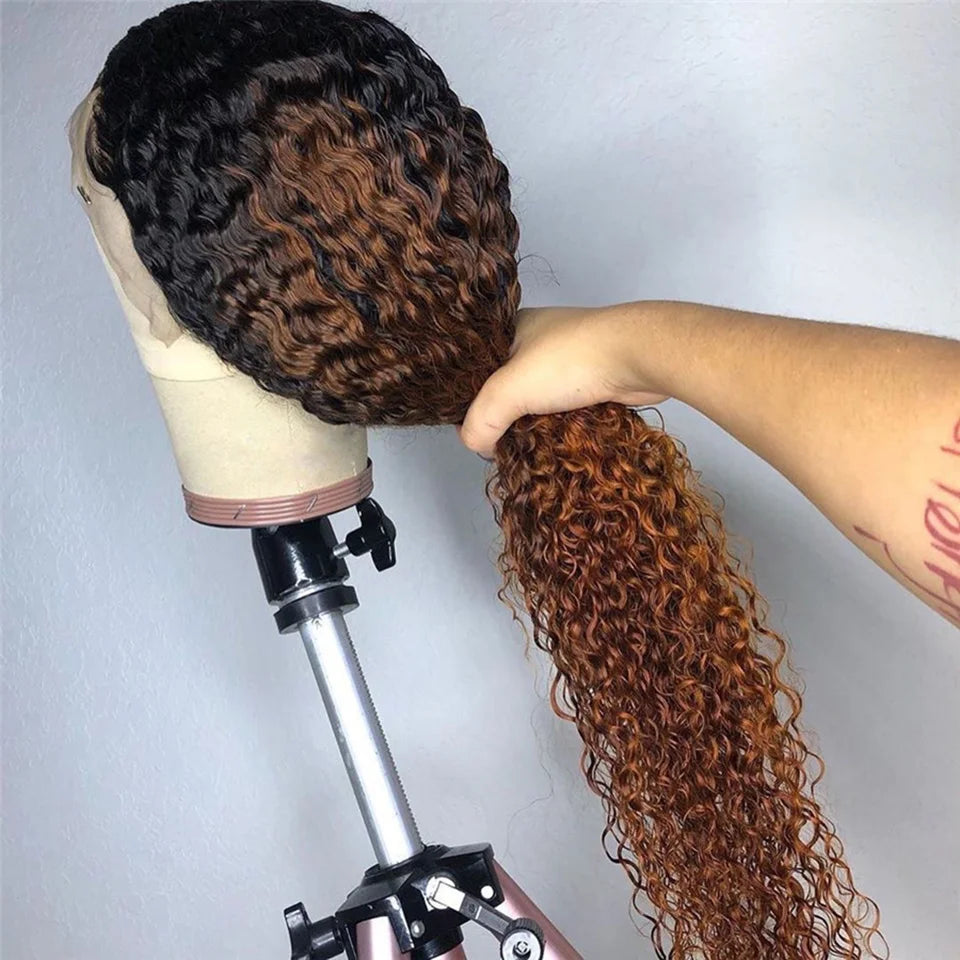 "Moonie"1B 30 Short Bob Kinky Curly Ombre Brown Colored Wig