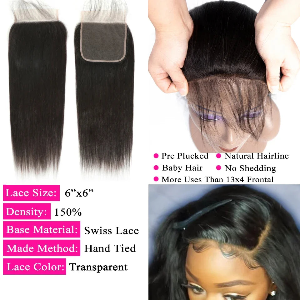 6X6 5x5 4X4 Lace Closure With 30 40 Inch  Bundles With 13x4 Frontal Straight Brazilian