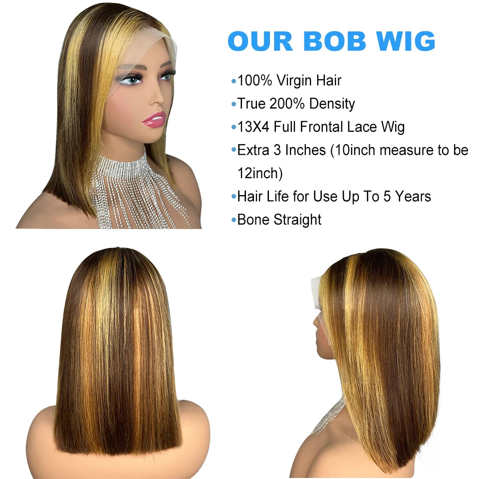 Highlight Straight Glueless Wig Human Hair Ready To Wear Bob