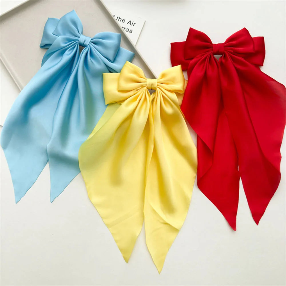 Ladies Satin Large White pink Red Blue Black Ribbon bow Oversized bow Long tail hair clip spring clip ponytail Hair accessories