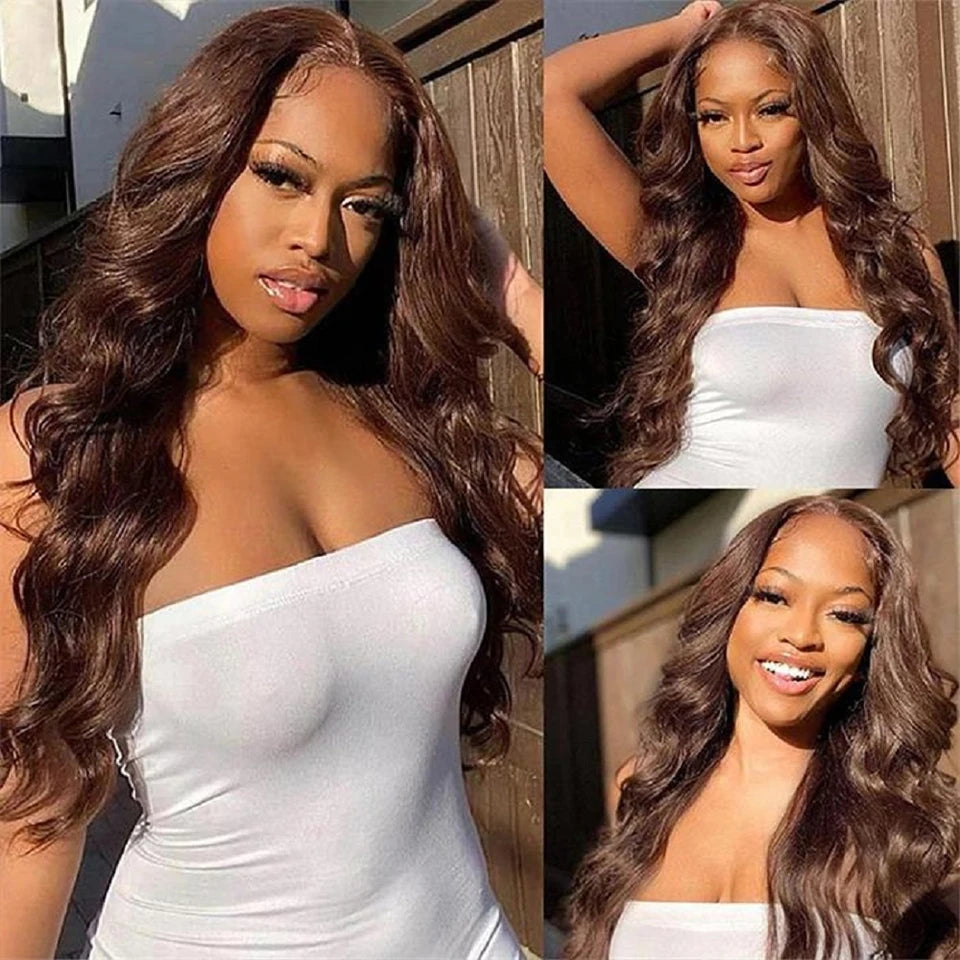 Chocolate #4 Brown Colored Body Wave Brazilian Bundles With HD Lace Closure Frontal