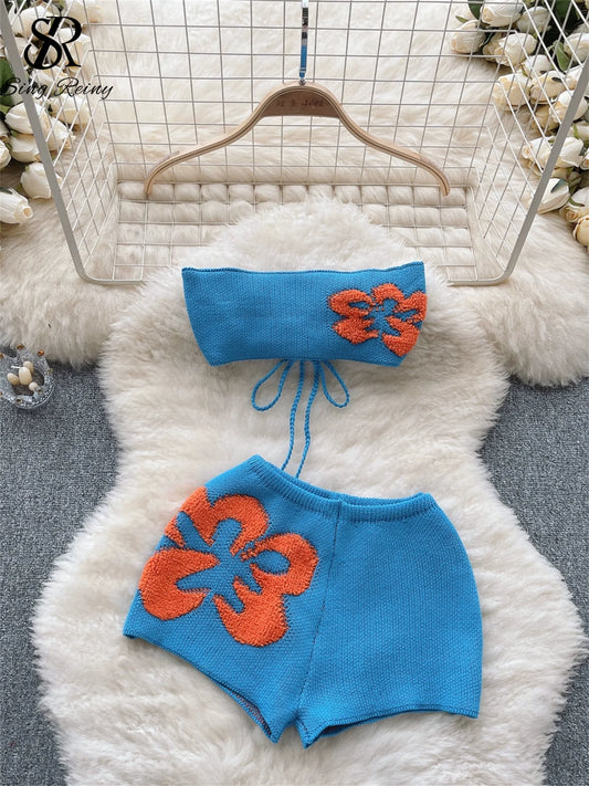 Bohemian Beach Knit Set – Backless Lace-Up Strapless Top & Floral Splice Shorts