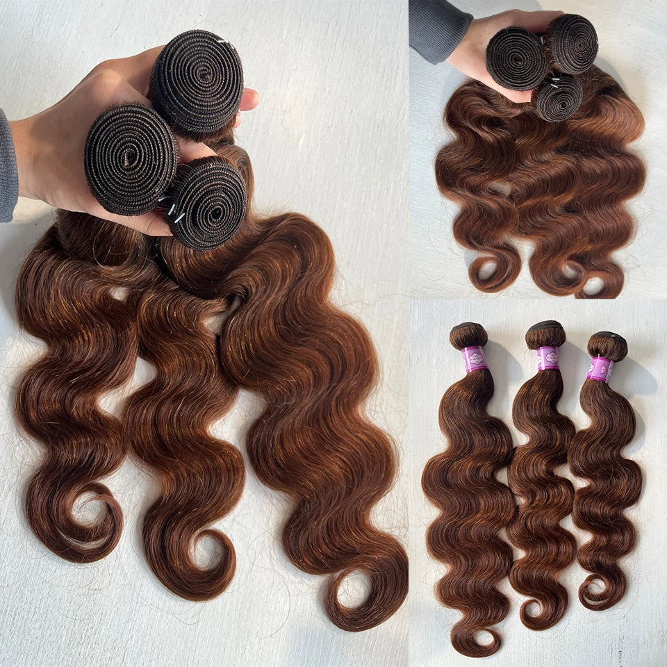 Chocolate #4 Brown Colored Body Wave Brazilian Bundles With HD Lace Closure Frontal