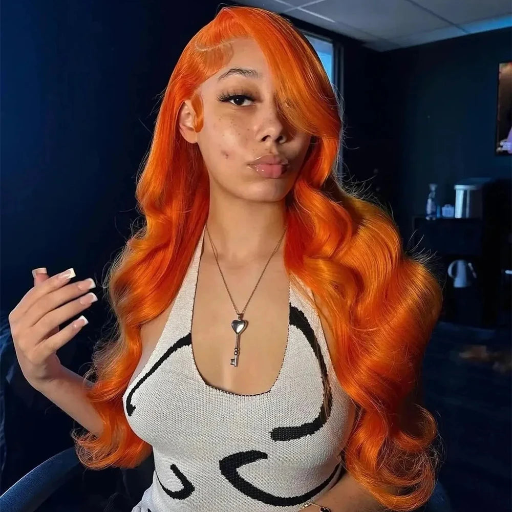 "Brihanna" 13x6 Hd Body Wave Orange Ginger Lace Front Wig Human Hair 100% Brazilian 13x4 Lace Frontal Colored Wig