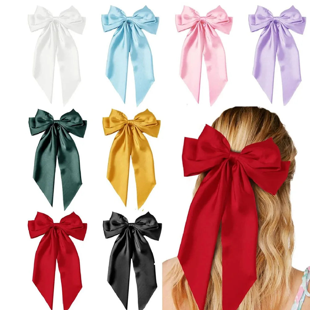 Ladies Satin Large White pink Red Blue Black Ribbon bow Oversized bow Long tail hair clip spring clip ponytail Hair accessories