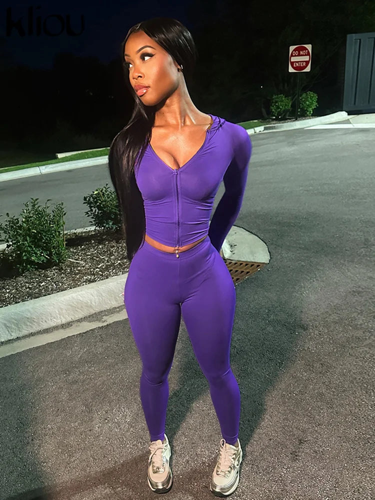 "Kiss Up " 2 Piece Set Classic Sporty Tracksuit Solid Colored Long Sleeve