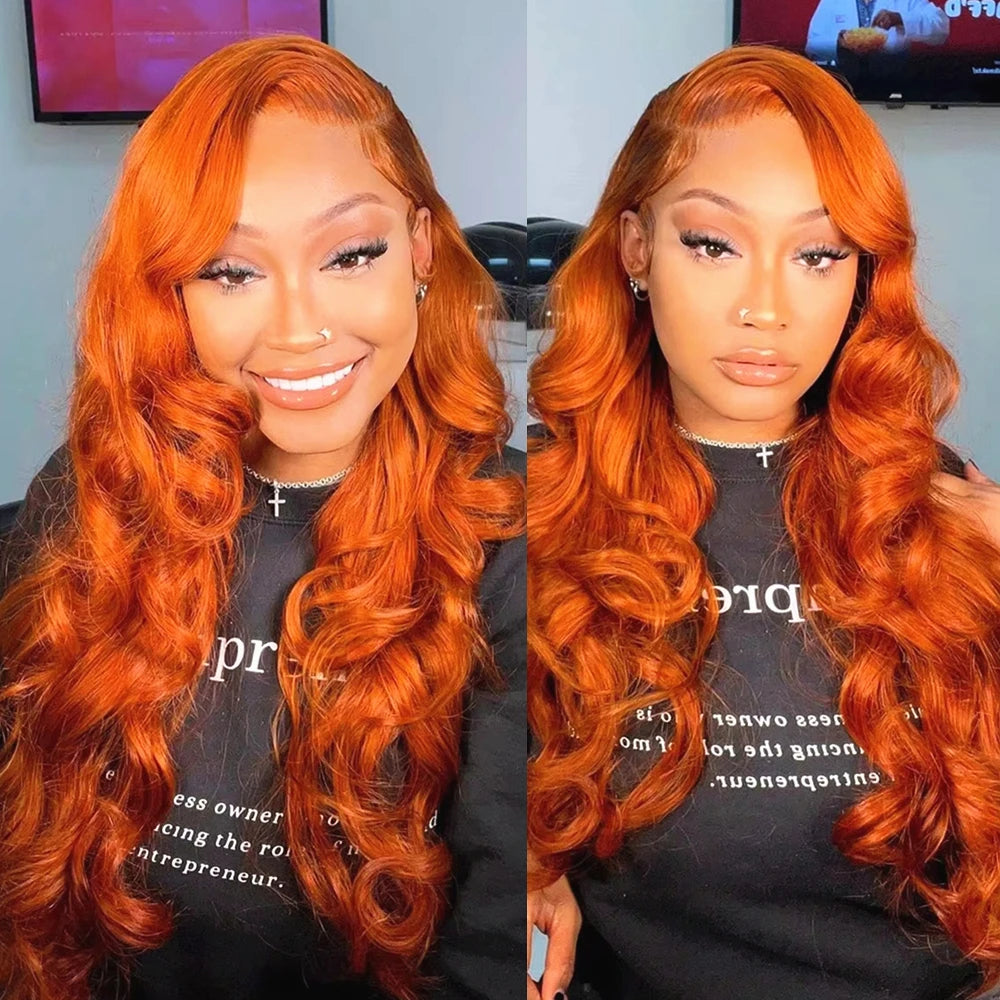 "Brihanna" 13x6 Hd Body Wave Orange Ginger Lace Front Wig Human Hair 100% Brazilian 13x4 Lace Frontal Colored Wig