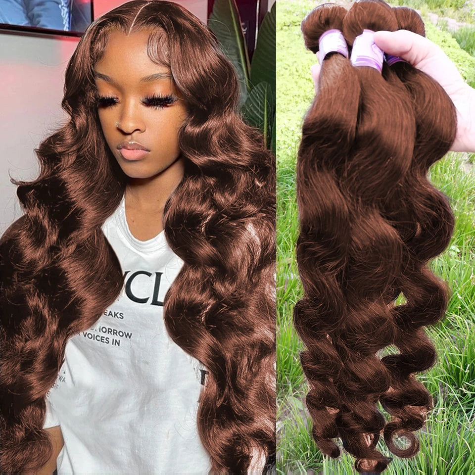 Chocolate #4 Brown Colored Body Wave Brazilian Bundles With HD Lace Closure Frontal