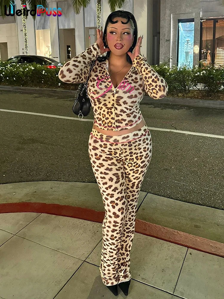 "Wild Moments" Leopard Print 2 Piece Set  Sporty Tracksuit