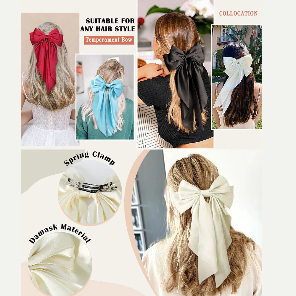 Ladies Satin Large White pink Red Blue Black Ribbon bow Oversized bow Long tail hair clip spring clip ponytail Hair accessories