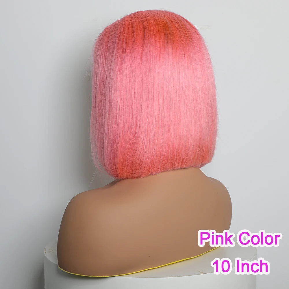 Pink Blunt Cut Short Straight Glueless Bob Wig 180% Density