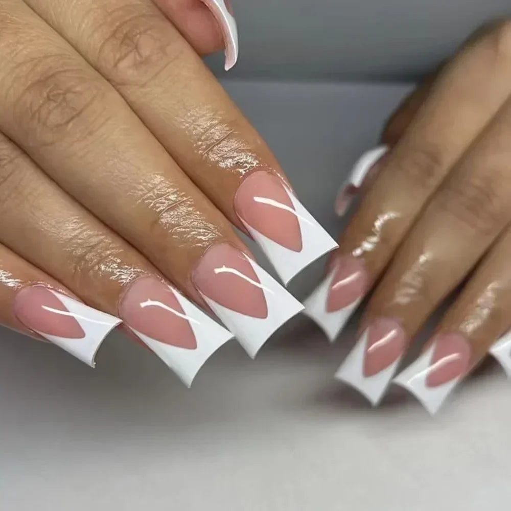 24Pcs Y2K White French Flower Press-On Nails – Diamond Inlaid Duckbill Tips