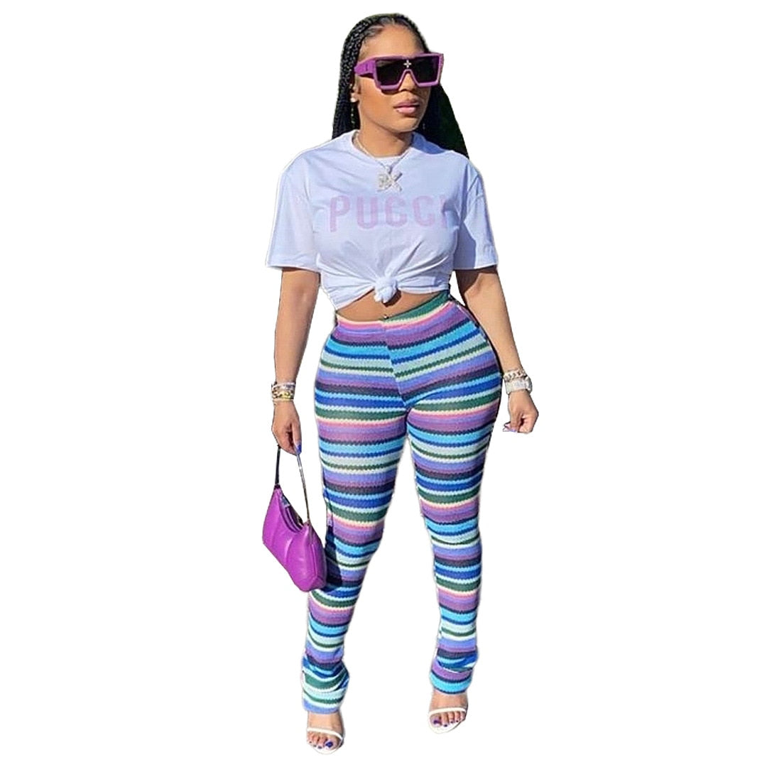 Streetwear Rainbow Striped Knit Ribbed Ruched Flare Legging Pants