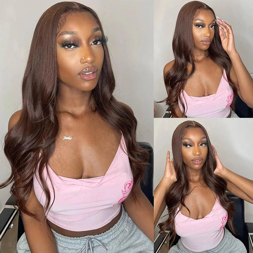 Chocolate #4 Brown Colored Body Wave Brazilian Bundles With HD Lace Closure Frontal